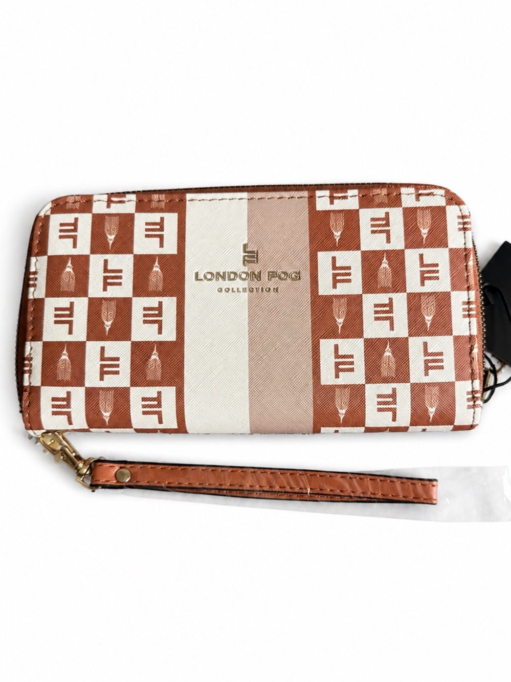 London Fog Tan & Cream Patterned Zip Wallet with Wristlet